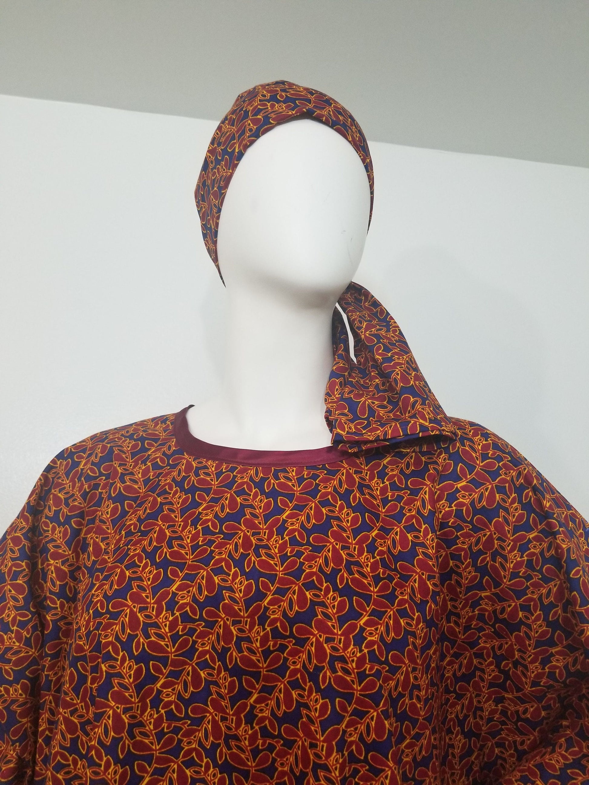 Ankara dress w/ scarf caftan African print kitenge kaftan- maroon leaf print on dark blue background cotton (one-size-fits-most up to US 28)