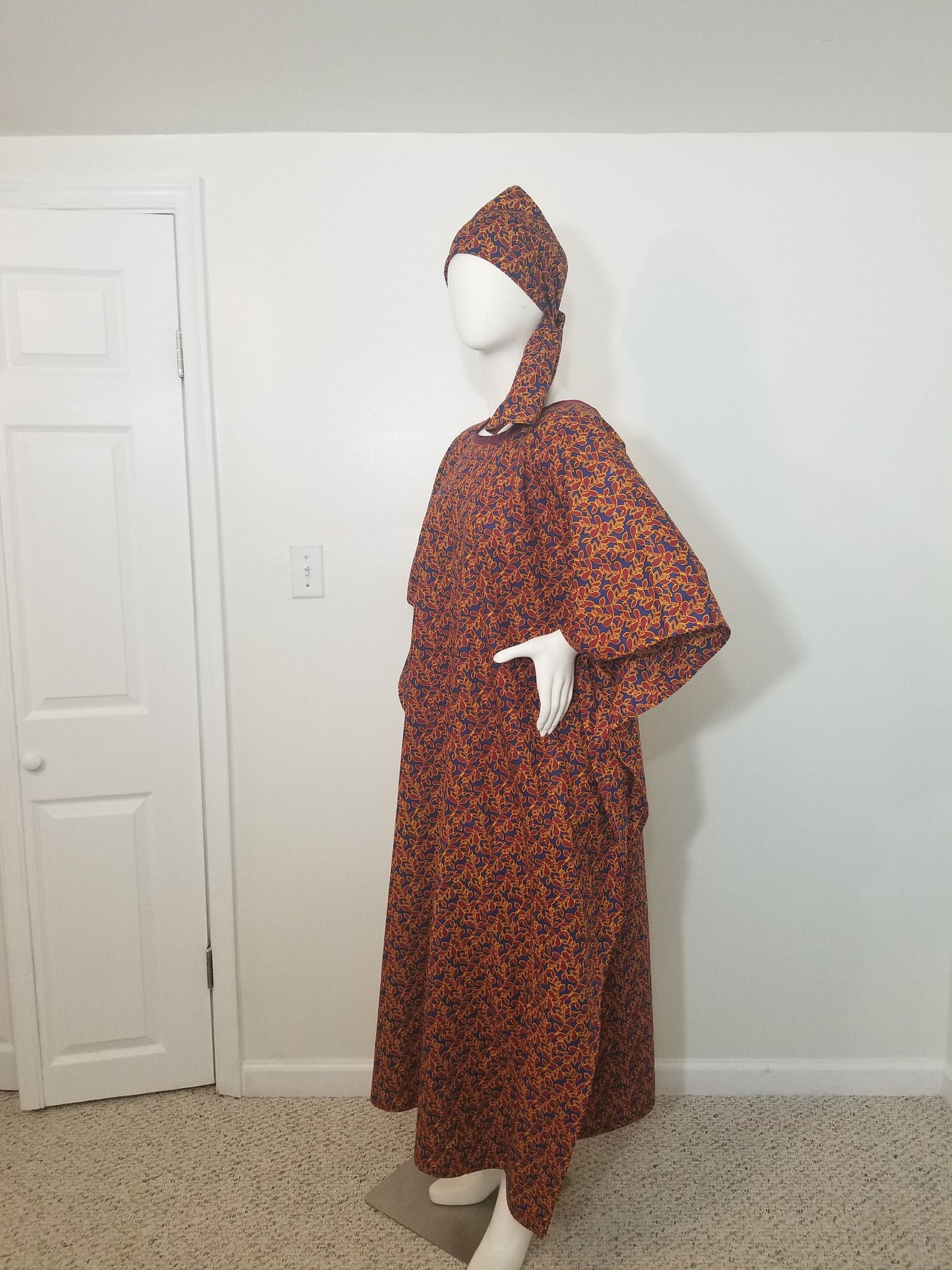 Ankara dress w/ scarf caftan African print kitenge kaftan- maroon leaf print on dark blue background cotton (one-size-fits-most up to US 28)