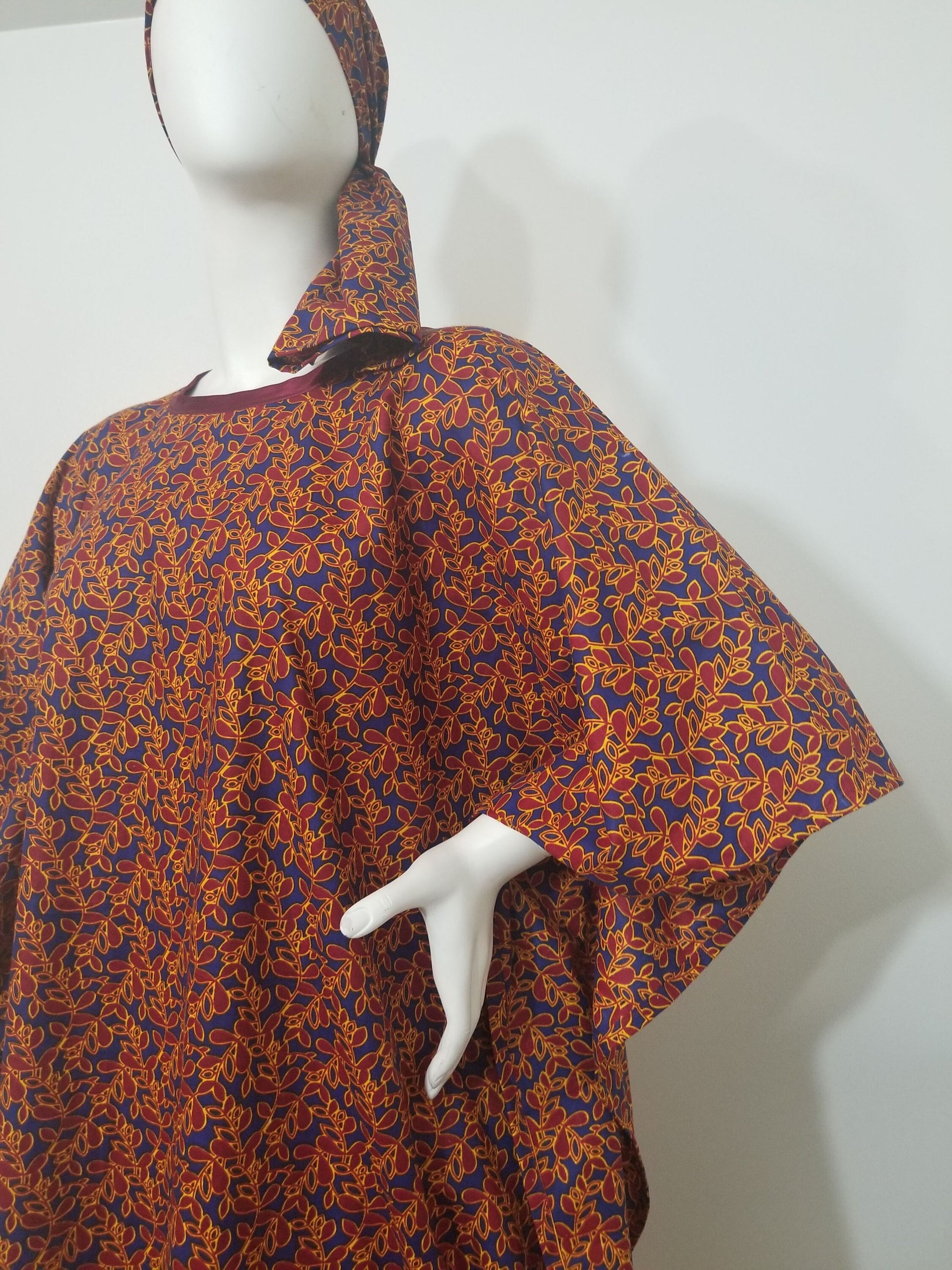 Ankara dress w/ scarf caftan African print kitenge kaftan- maroon leaf print on dark blue background cotton (one-size-fits-most up to US 28)