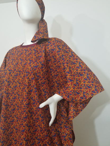 Ankara dress w/ scarf caftan African print kitenge kaftan- maroon leaf print on dark blue background cotton (one-size-fits-most up to US 28)