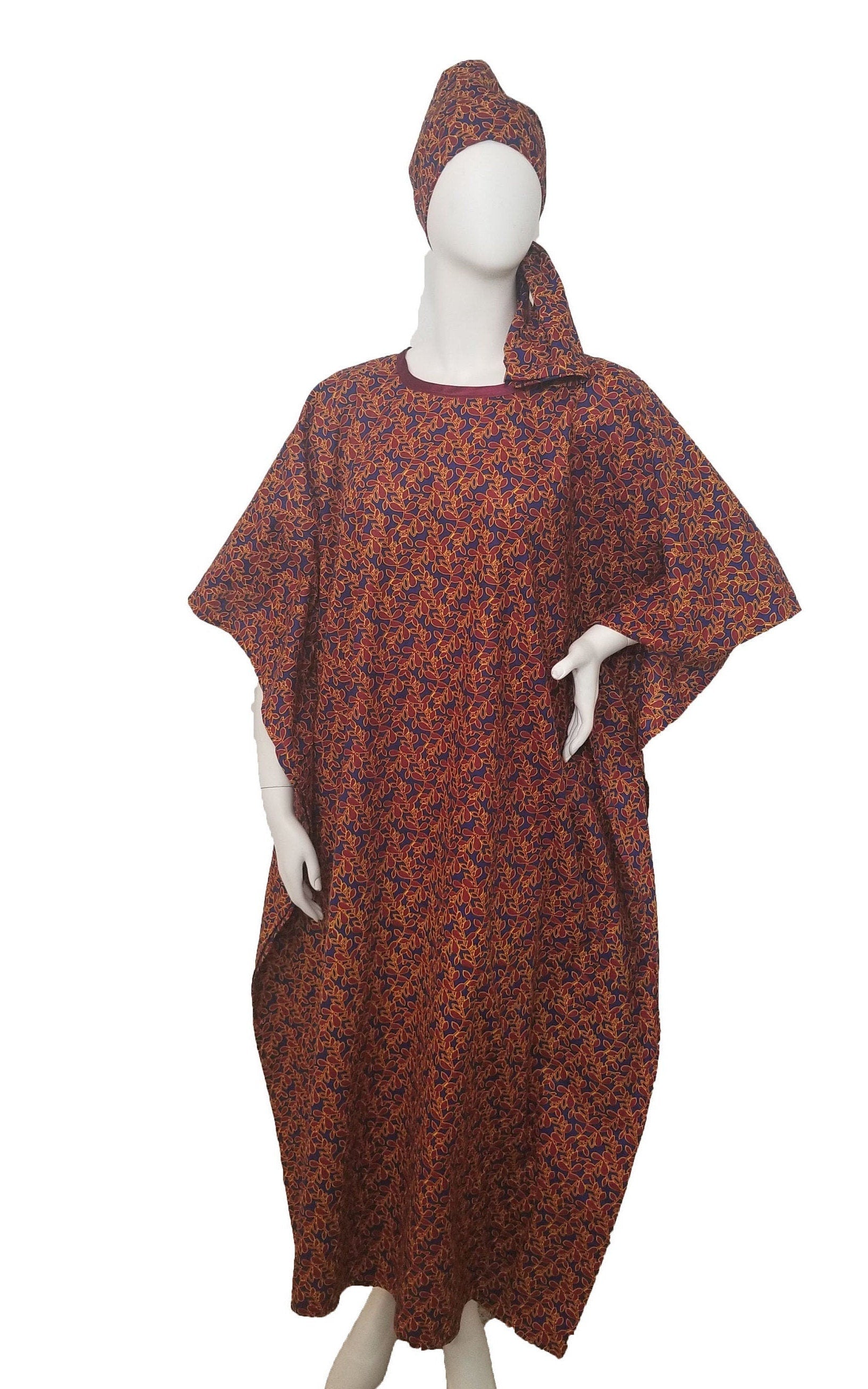 Ankara dress w/ scarf caftan African print kitenge kaftan- maroon leaf print on dark blue background cotton (one-size-fits-most up to US 28)