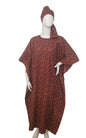 Ankara dress w/ scarf caftan African print kitenge kaftan- maroon leaf print on dark blue background cotton (one-size-fits-most up to US 28)
