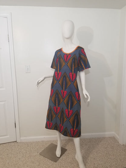 Ankara dress raglan sleeve A-line African print kitenge Red hearts and orange diamonds on blue background cotton (US Size 4)