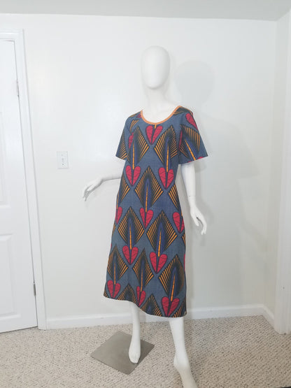Ankara dress raglan sleeve A-line African print kitenge Red hearts and orange diamonds on blue background cotton (US Size 4)