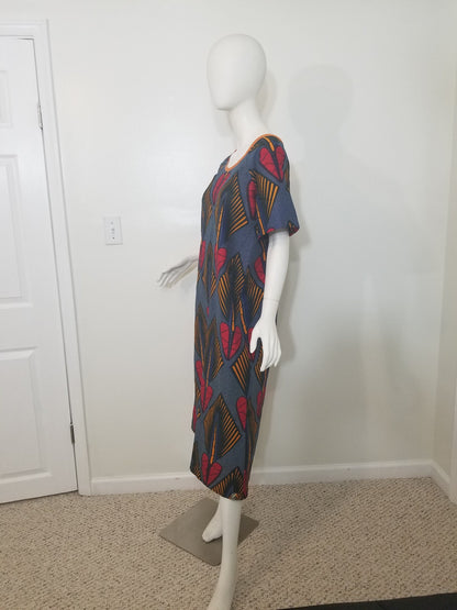 Ankara dress raglan sleeve A-line African print kitenge Red hearts and orange diamonds on blue background cotton (US Size 4)
