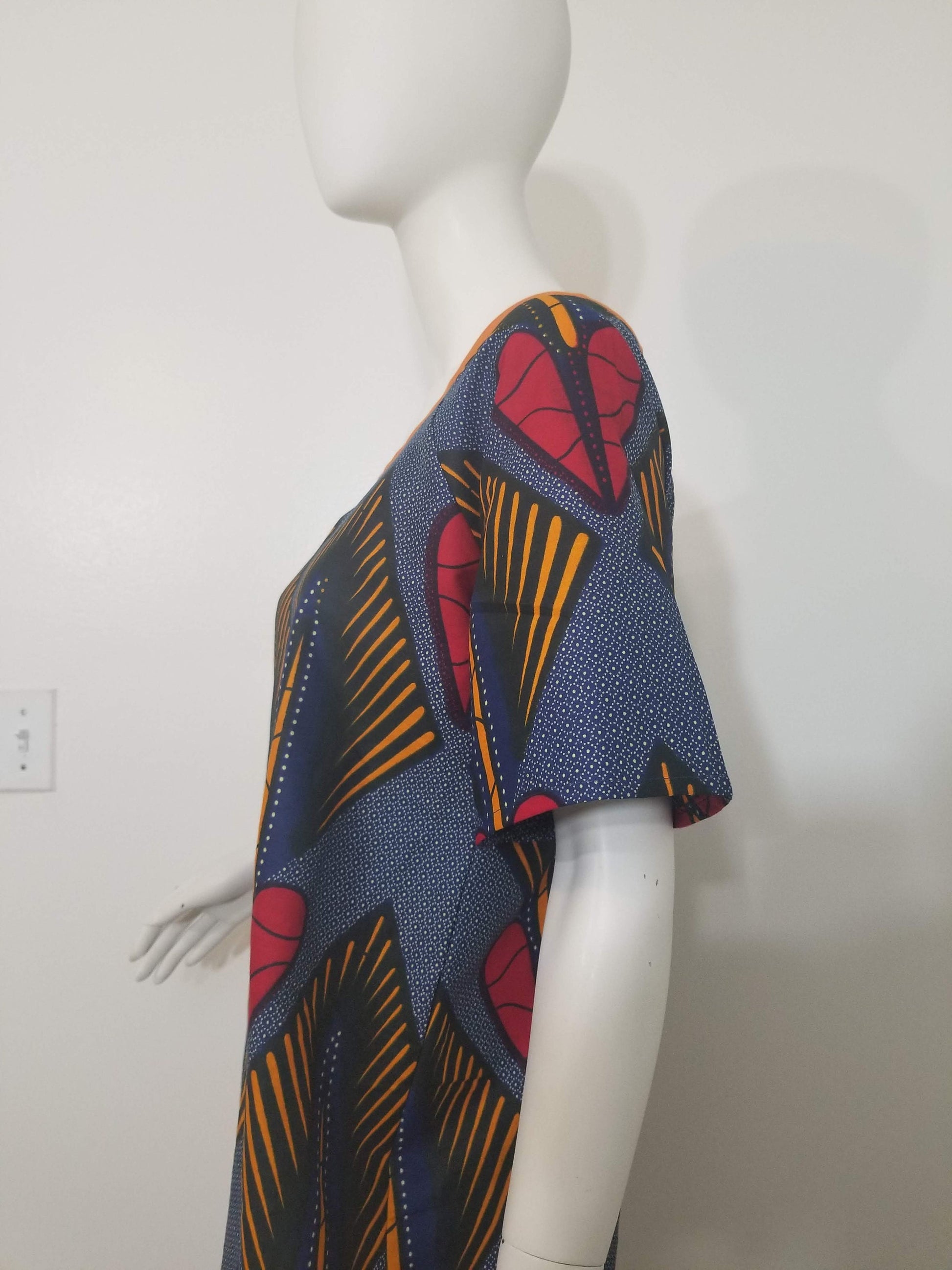 Ankara dress raglan sleeve A-line African print kitenge Red hearts and orange diamonds on blue background cotton (US Size 4)