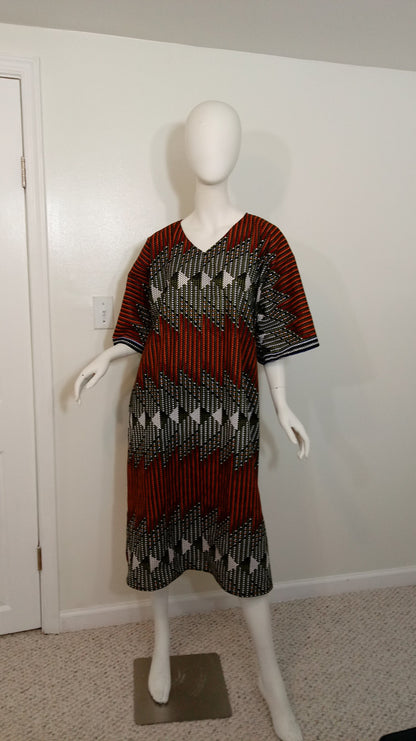 Ankara sun dress dolman sleeve African Print Kitenge with matching hair tie - black, orange and white woven look cotton (US Size 12-16)