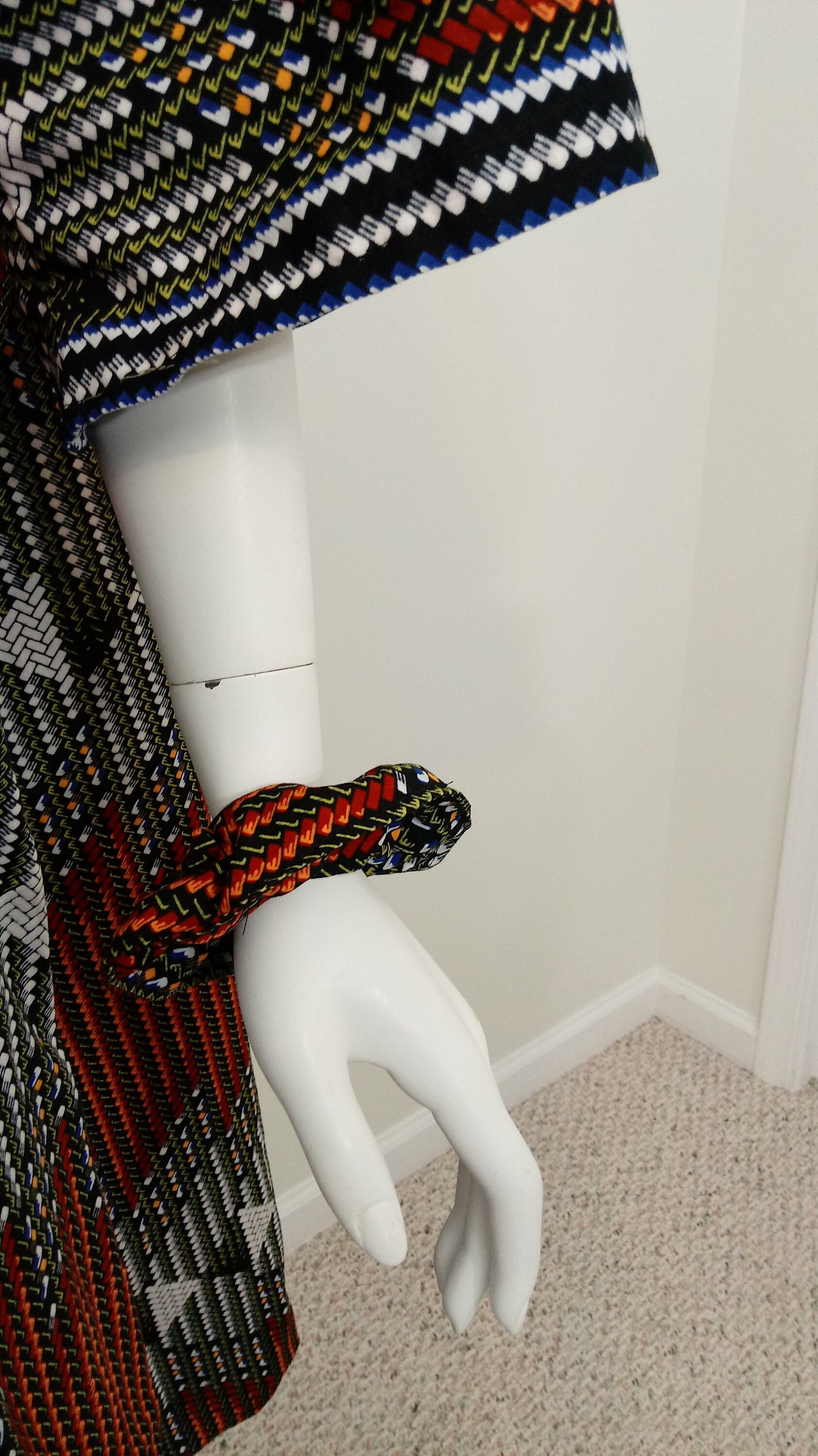 Ankara sun dress dolman sleeve African Print Kitenge with matching hair tie - black, orange and white woven look cotton (US Size 12-16)