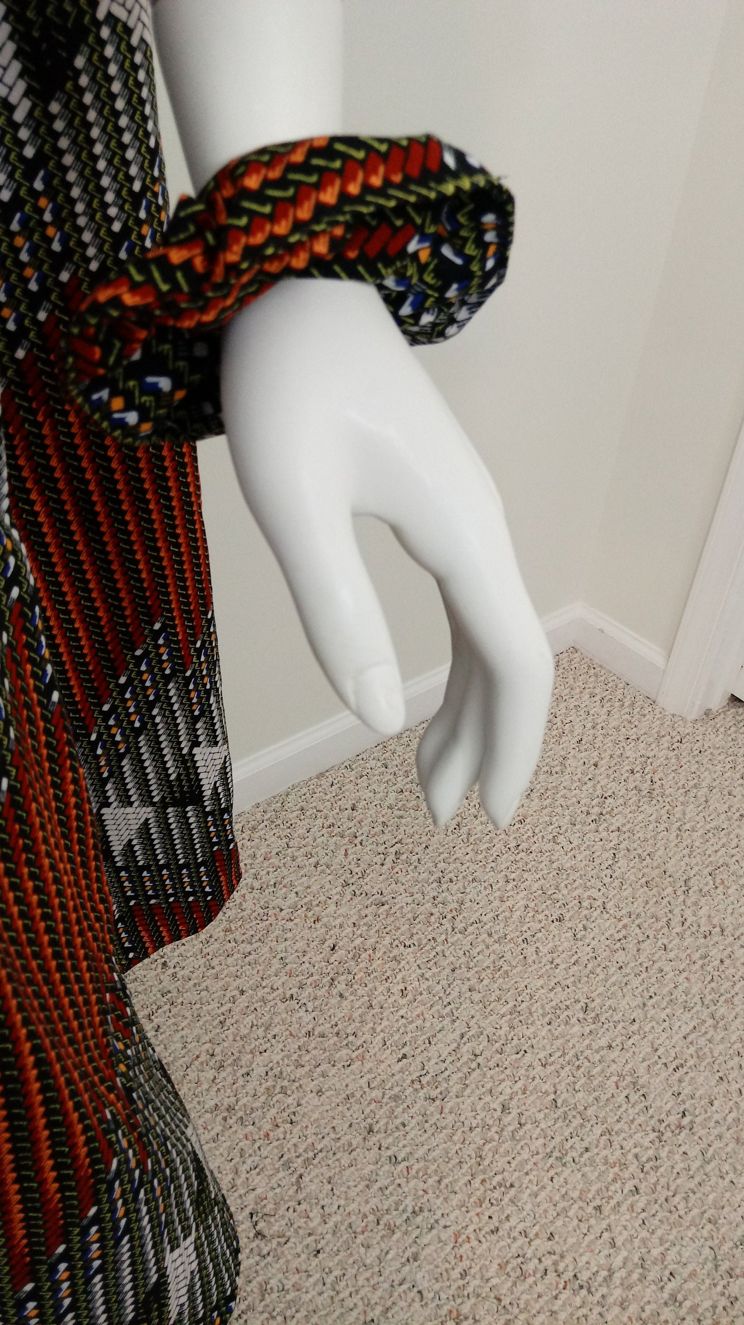 Ankara sun dress dolman sleeve African Print Kitenge with matching hair tie - black, orange and white woven look cotton (US Size 12-16)