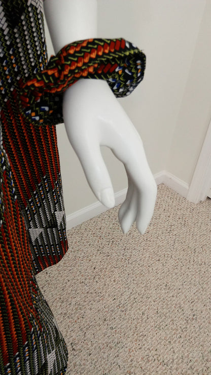 Ankara sun dress dolman sleeve African Print Kitenge with matching hair tie - black, orange and white woven look cotton (US Size 12-16)