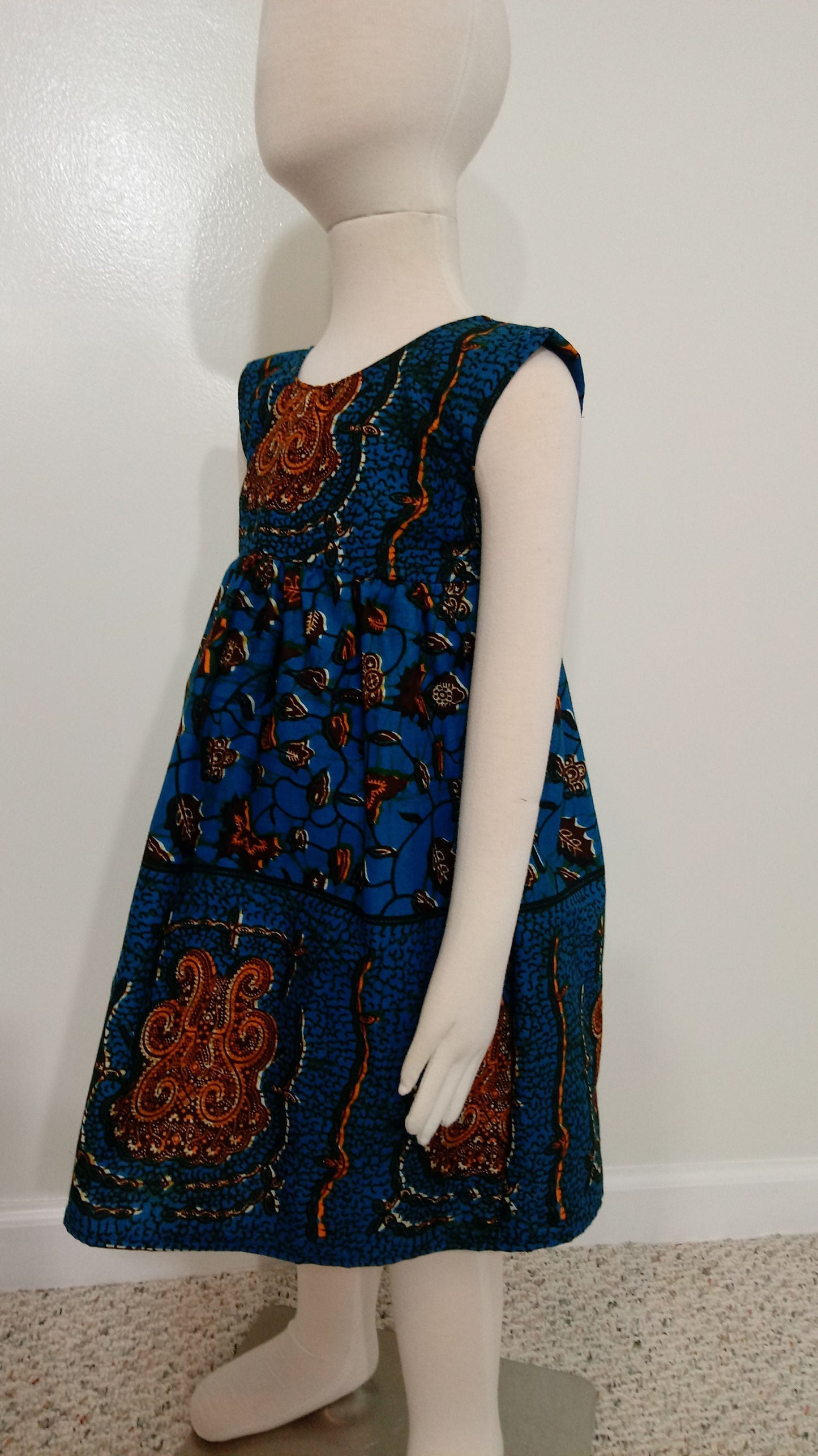 Girl's 4T ankara sun dress Blue, Orange and Brown Kitenge African print cotton