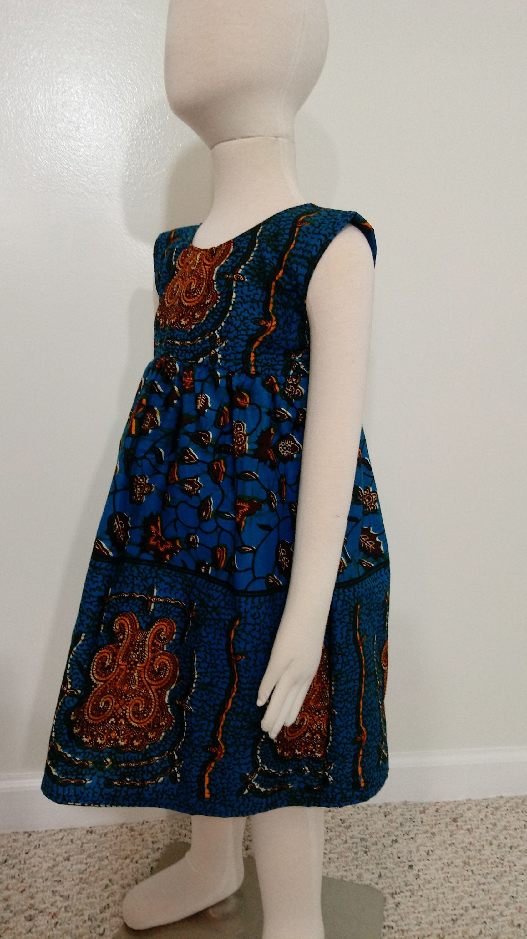 Girl's 4T ankara sun dress Blue, Orange and Brown Kitenge African print cotton