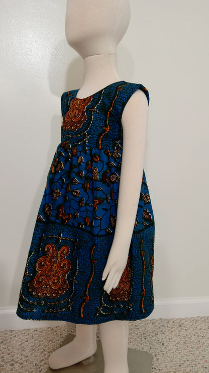Girl's 4T ankara sun dress Blue, Orange and Brown Kitenge African print cotton