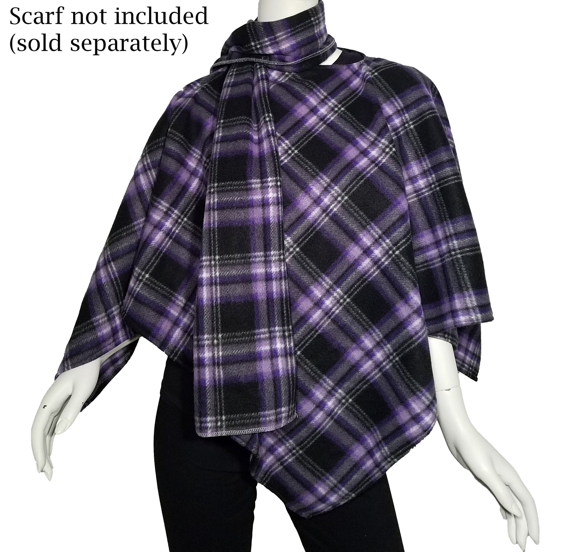 Poncho- purple checkered triangle fleece poncho (size: one size fits most)