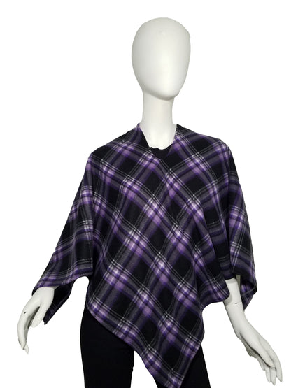 Poncho- purple checkered triangle fleece poncho (size: one size fits most)