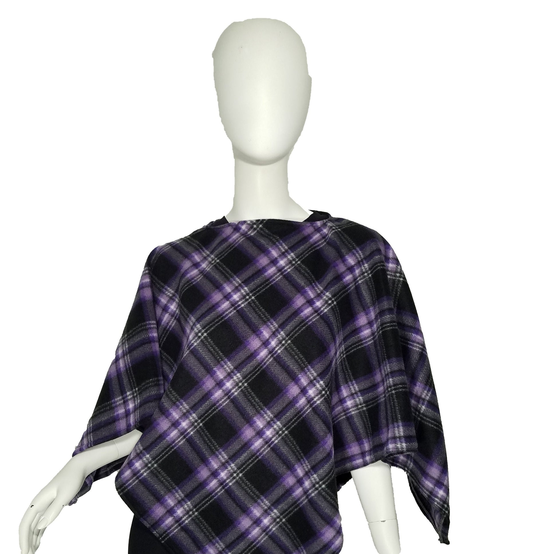 Poncho- purple checkered triangle fleece poncho (size: one size fits most)