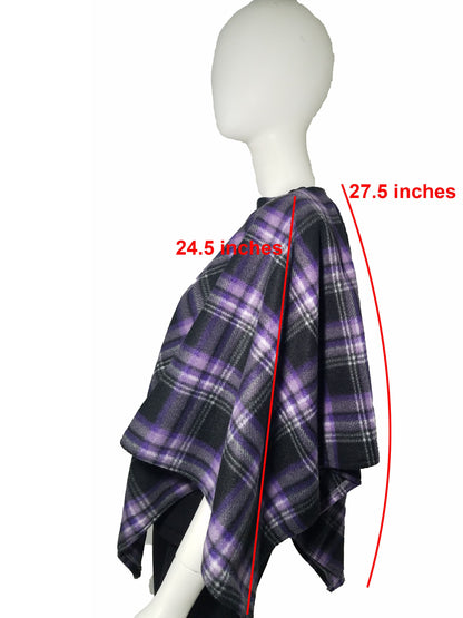 Poncho- purple checkered triangle fleece poncho (size: one size fits most)