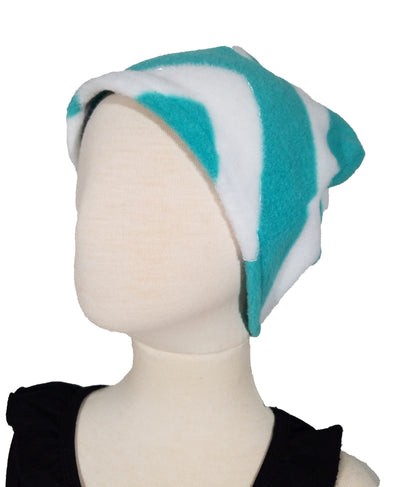 Child's hat- white and teal zigzag print plush fleece (size: 2-5 years)
