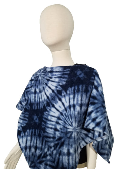 Triangle poncho- child; "tie-dyed" look blue plush fleece (size 4T - 6 years)