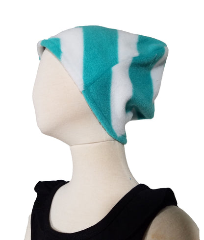 Child's hat- white and teal zigzag print plush fleece (size: 2-5 years)