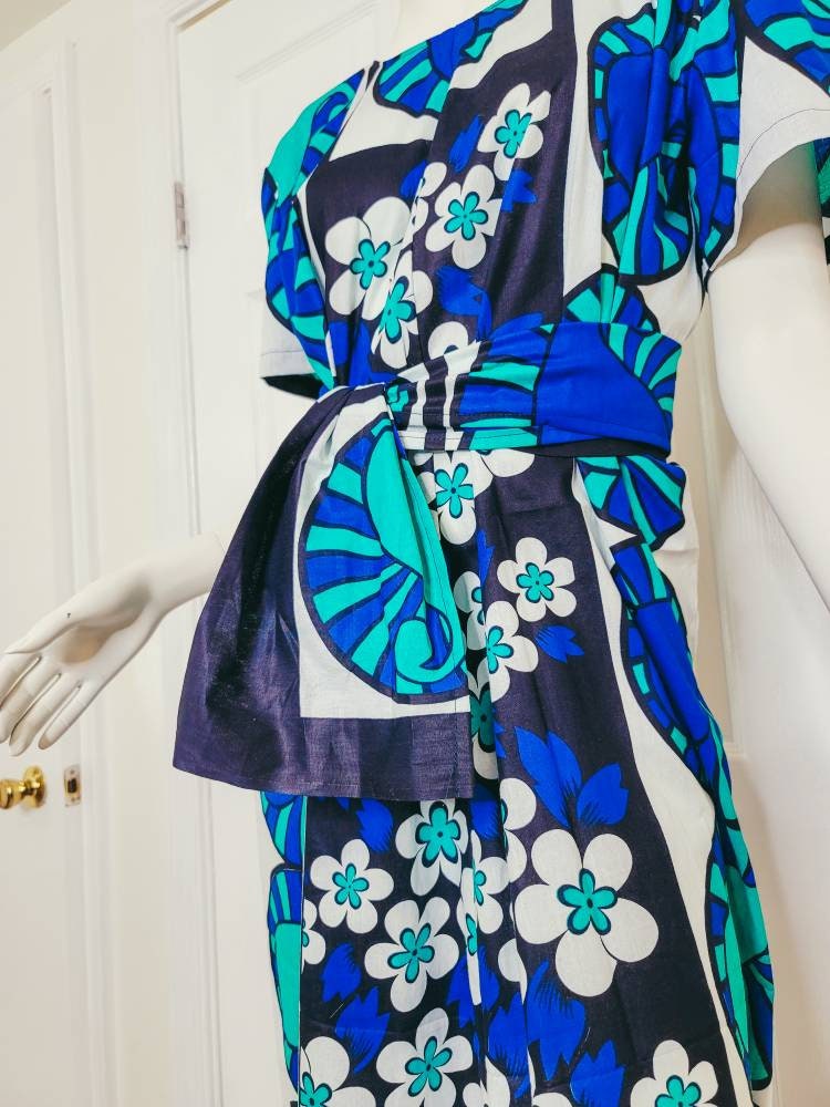 Leso dress w/ wrap swahili African print blue with white flowers, A-Line head wrap cotton scarf (US 12)