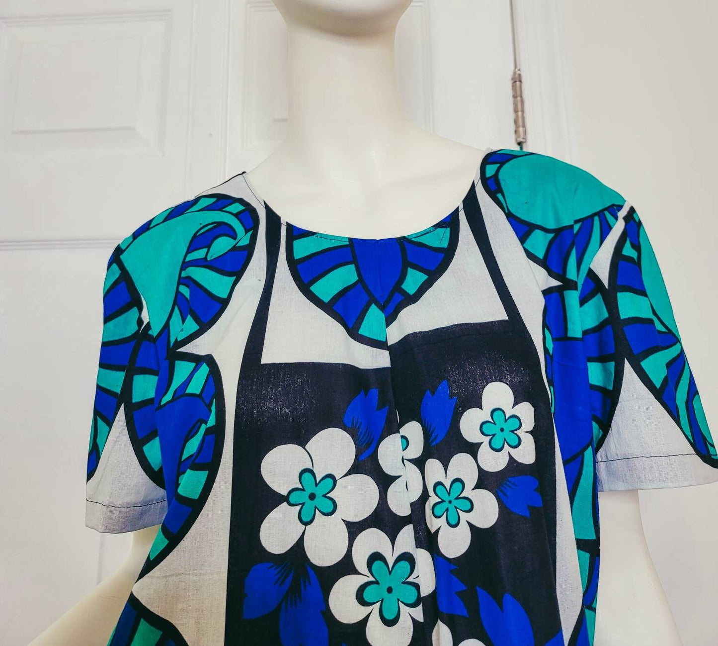 Leso dress w/ wrap swahili African print blue with white flowers, A-Line head wrap cotton scarf (US 12)
