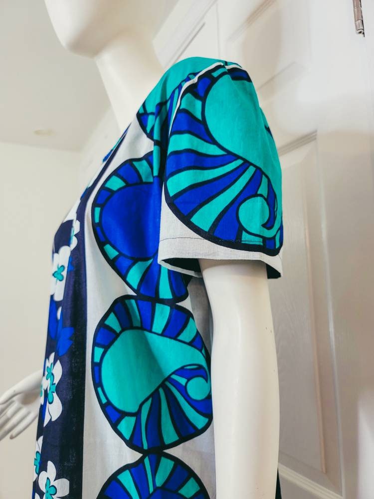 Leso dress w/ wrap swahili African print blue with white flowers, A-Line head wrap cotton scarf (US 12)