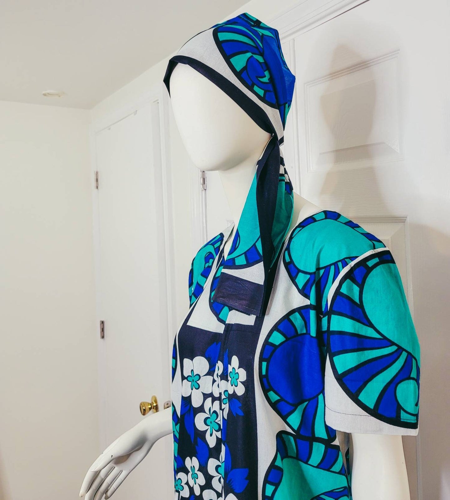 Leso dress w/ wrap swahili African print blue with white flowers, A-Line head wrap cotton scarf (US 12)