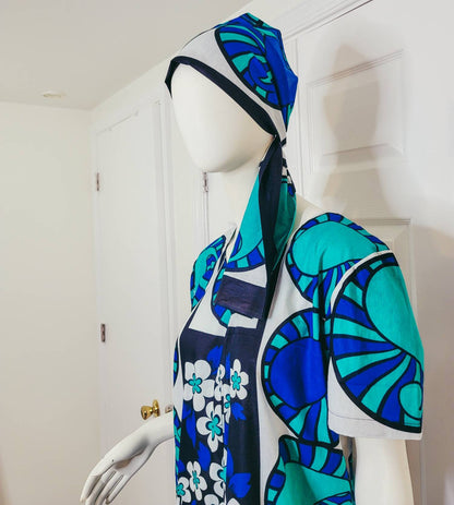 Leso dress w/ wrap swahili African print blue with white flowers, A-Line head wrap cotton scarf (US 12)