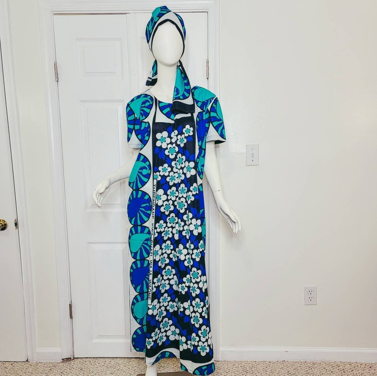 Leso dress w/ wrap swahili African print blue with white flowers, A-Line head wrap cotton scarf (US 12)