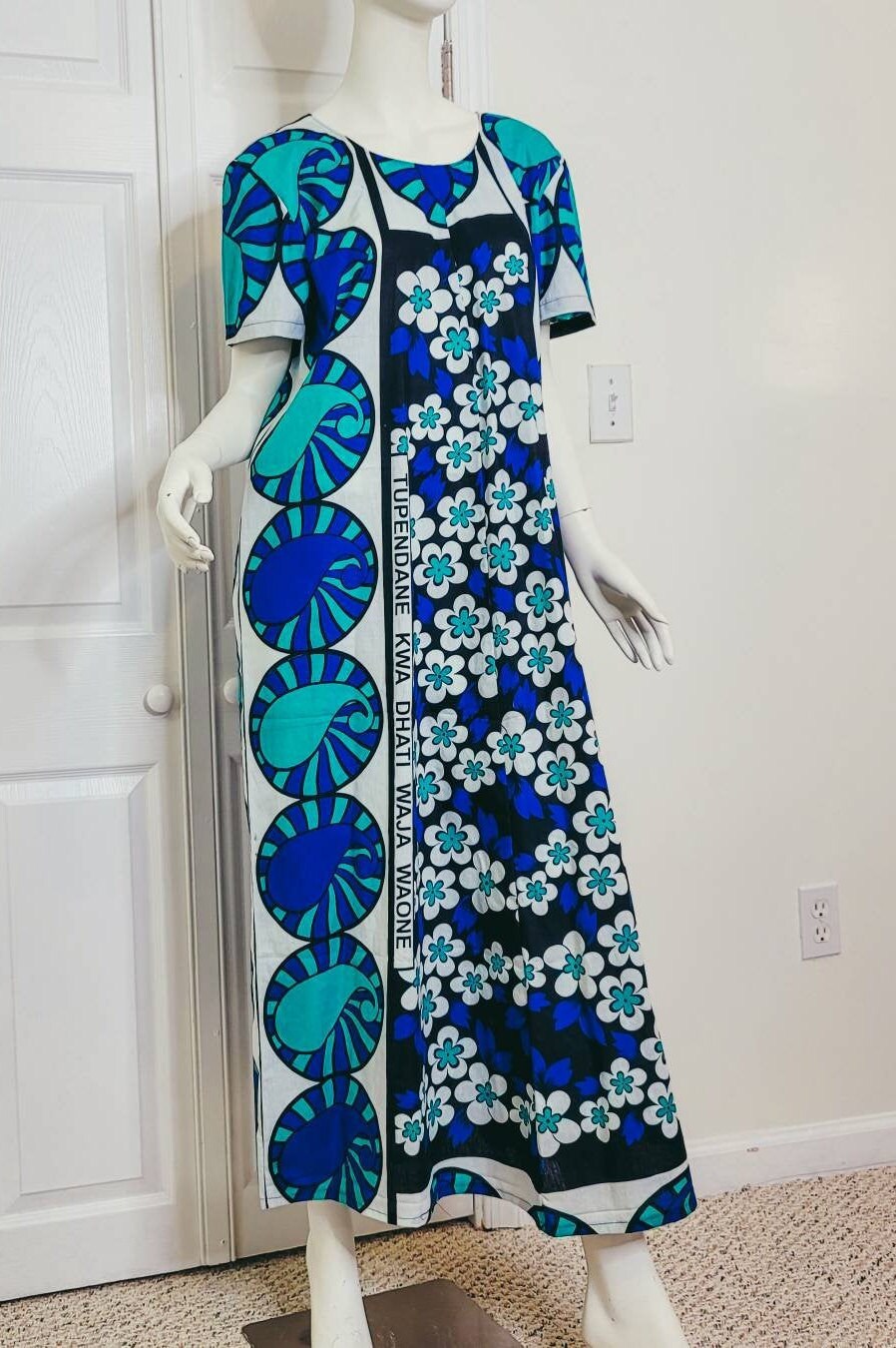 Leso dress w/ wrap swahili African print blue with white flowers, A-Line head wrap cotton scarf (US 12)