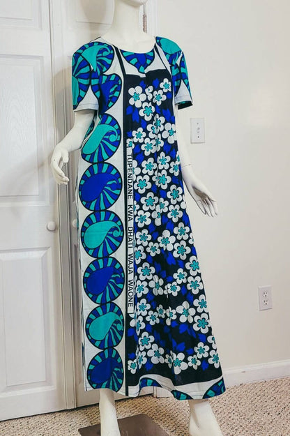 Leso dress w/ wrap swahili African print blue with white flowers, A-Line head wrap cotton scarf (US 12)