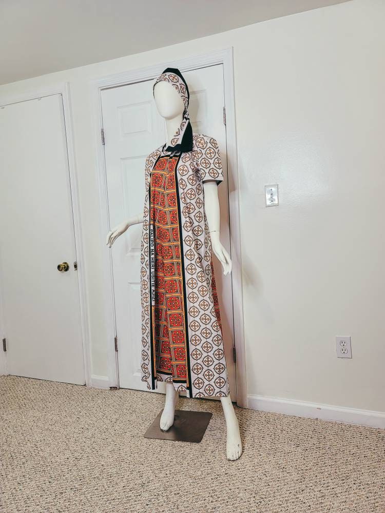 Leso dress w/ wrap swahili African print Pink, Orange and White, A-Line head wrap cotton scarf (US 10)