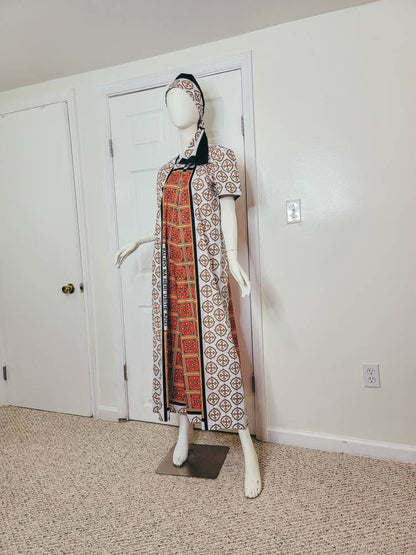 Leso dress w/ wrap swahili African print Pink, Orange and White, A-Line head wrap cotton scarf (US 10)