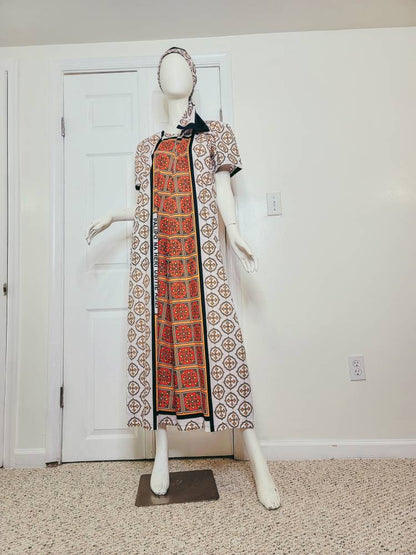 Leso dress w/ wrap swahili African print Pink, Orange and White, A-Line head wrap cotton scarf (US 10)