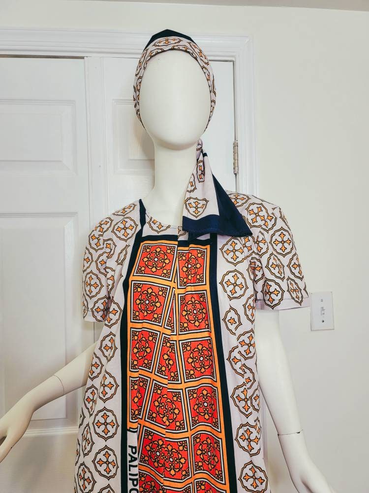Leso dress w/ wrap swahili African print Pink, Orange and White, A-Line head wrap cotton scarf (US 10)