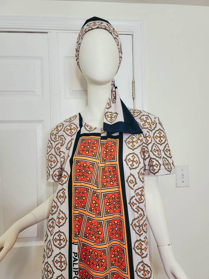Leso dress w/ wrap swahili African print Pink, Orange and White, A-Line head wrap cotton scarf (US 10)