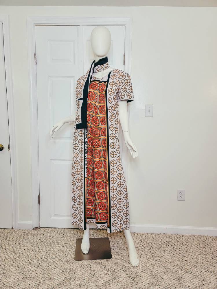 Leso dress w/ wrap swahili African print Pink, Orange and White, A-Line head wrap cotton scarf (US 10)