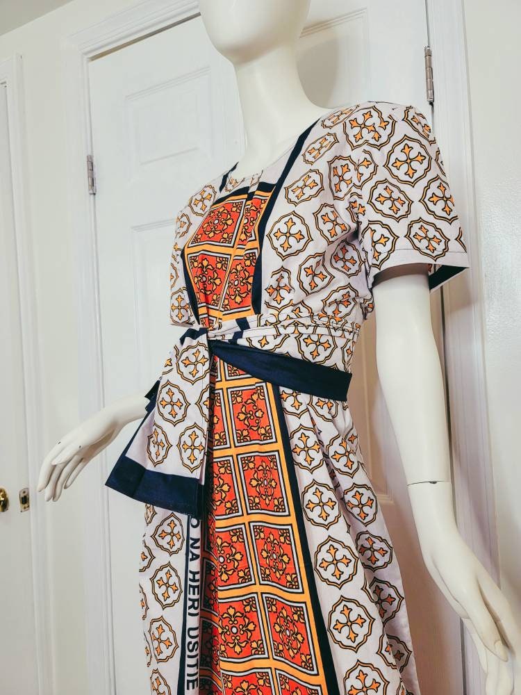Leso dress w/ wrap swahili African print Pink, Orange and White, A-Line head wrap cotton scarf (US 10)