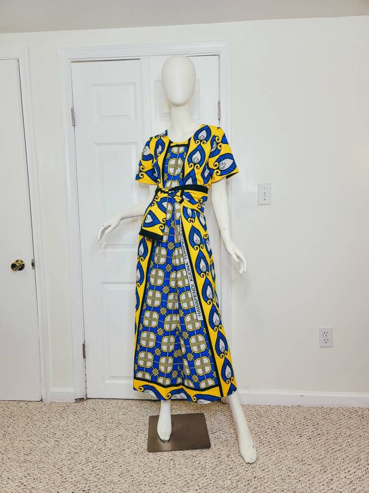 Leso dress w/ wrap swahili African print Blue and Yellow, A-Line head wrap cotton scarf (size US 8)