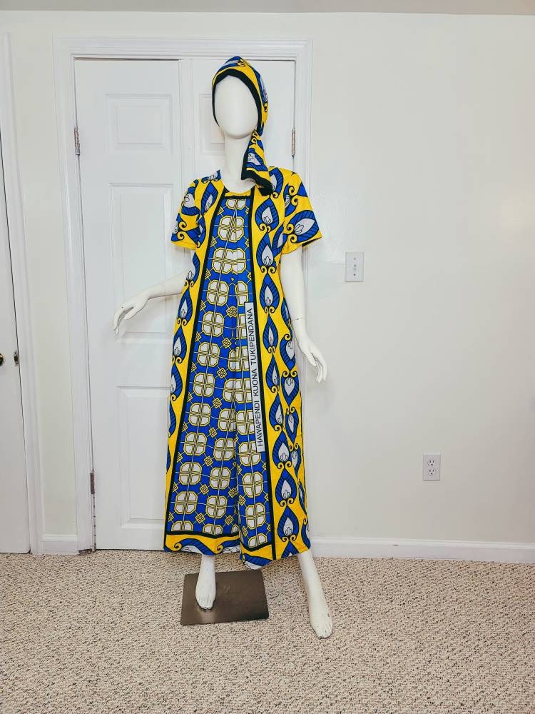 Leso dress w/ wrap swahili African print Blue and Yellow, A-Line head wrap cotton scarf (size US 8)