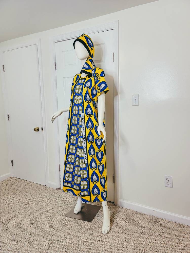 Leso dress w/ wrap swahili African print Blue and Yellow, A-Line head wrap cotton scarf (size US 8)