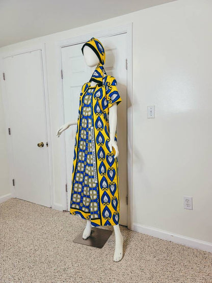 Leso dress w/ wrap swahili African print Blue and Yellow, A-Line head wrap cotton scarf (size US 8)