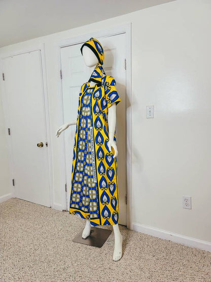 Leso dress w/ wrap swahili African print Blue and Yellow, A-Line head wrap cotton scarf (size US 8)