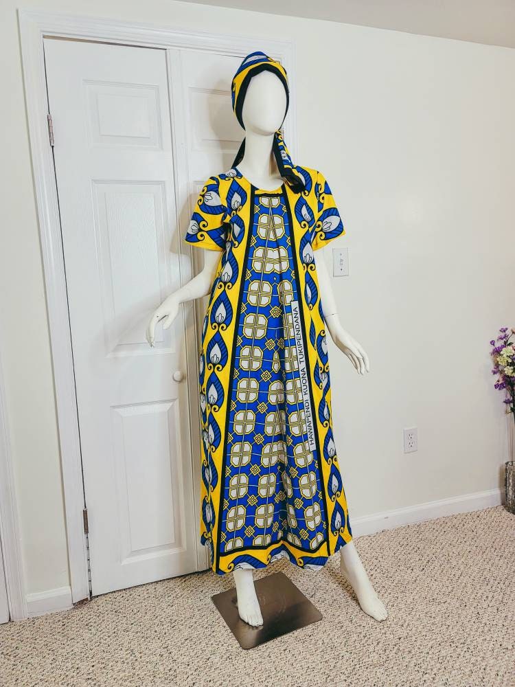 Leso dress w/ wrap swahili African print Blue and Yellow, A-Line head wrap cotton scarf (size US 8)