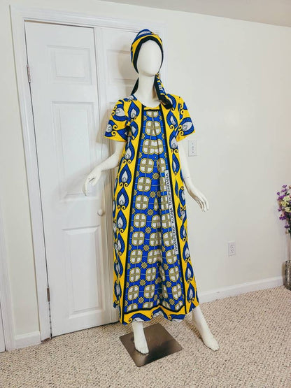 Leso dress w/ wrap swahili African print Blue and Yellow, A-Line head wrap cotton scarf (size US 8)