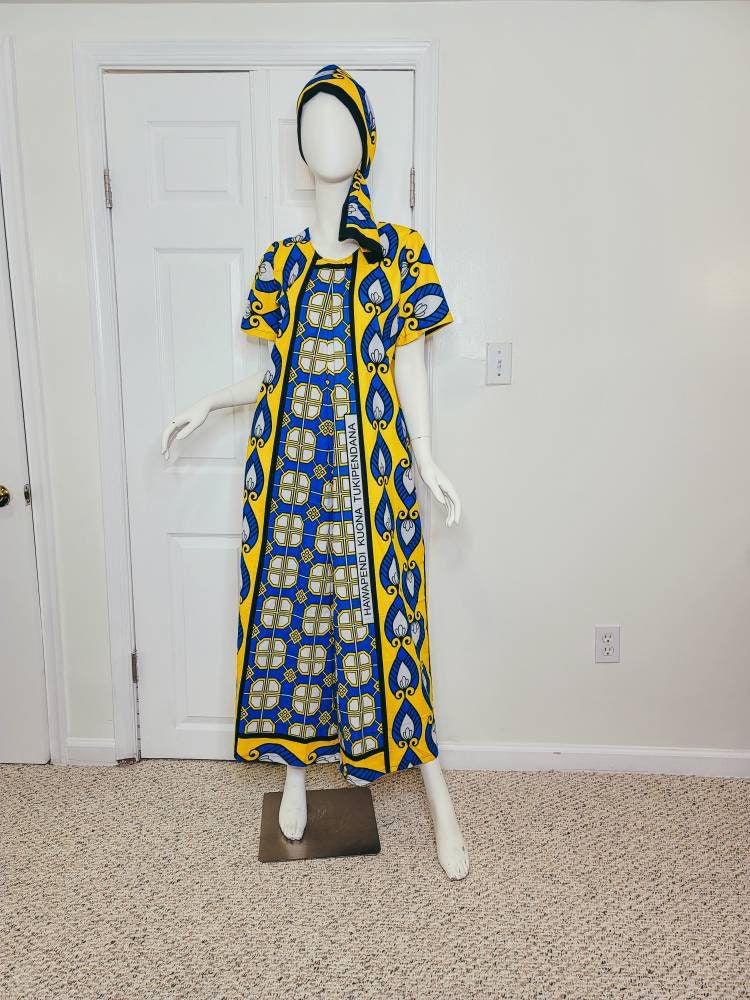 Leso dress w/ wrap swahili African print Blue and Yellow, A-Line head wrap cotton scarf (size US 8)