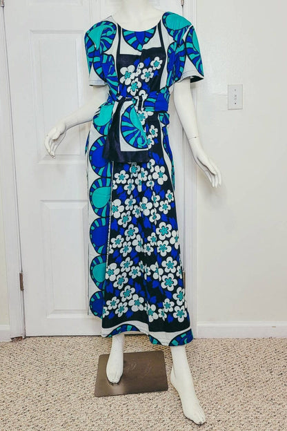 Leso dress w/ wrap swahili African print blue with white flowers, A-Line head wrap cotton scarf (US 12)