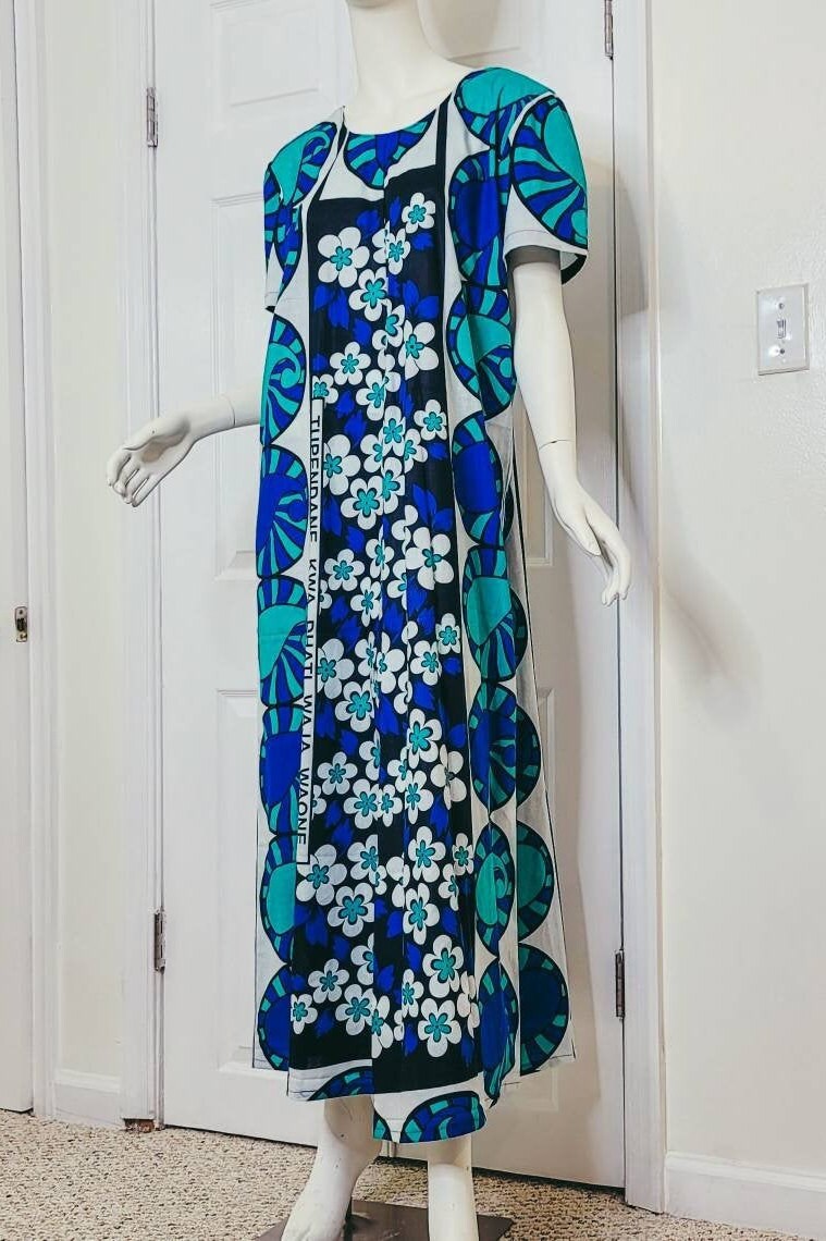 Leso dress w/ wrap swahili African print blue with white flowers, A-Line head wrap cotton scarf (US 12)