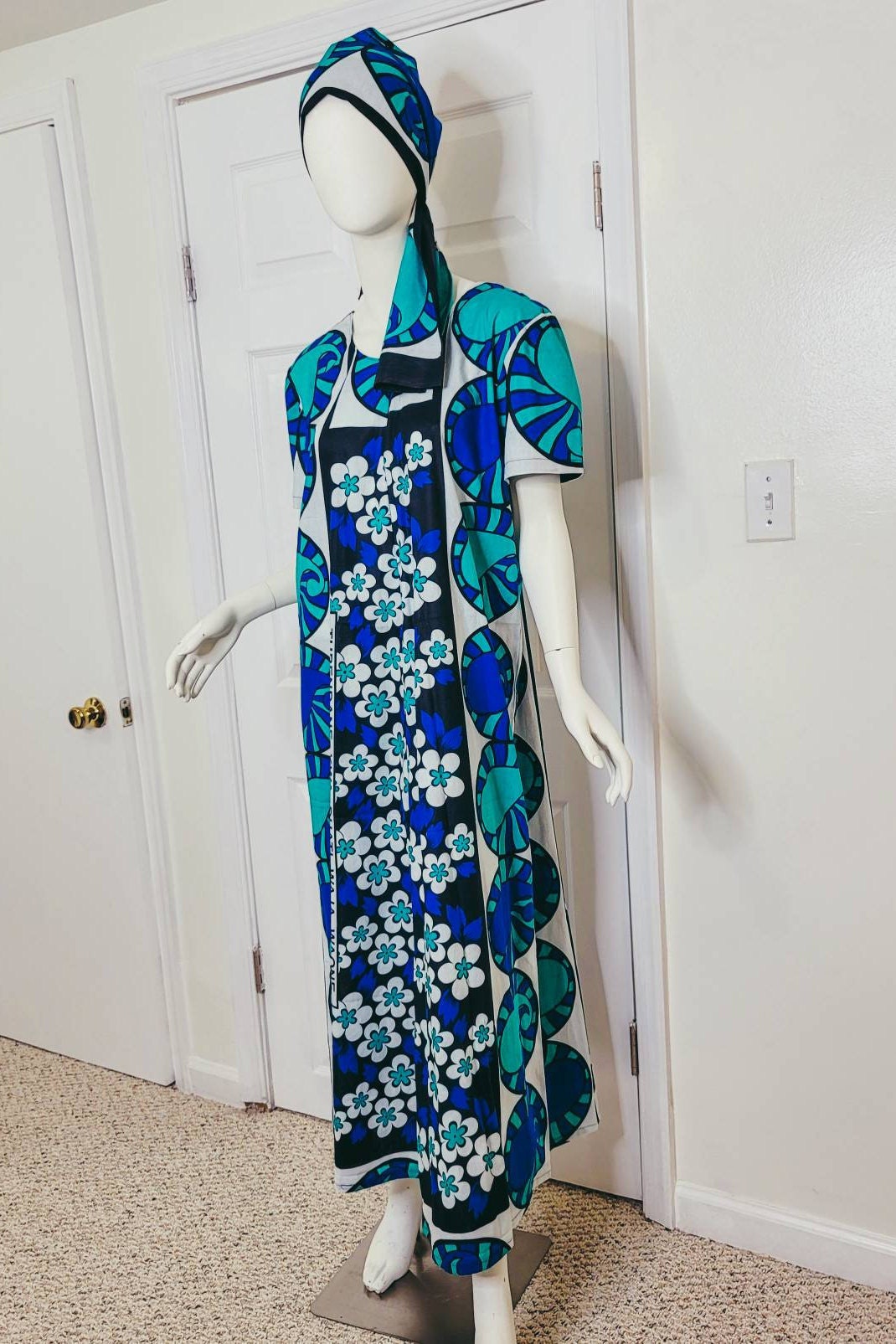 Leso dress w/ wrap swahili African print blue with white flowers, A-Line head wrap cotton scarf (US 12)